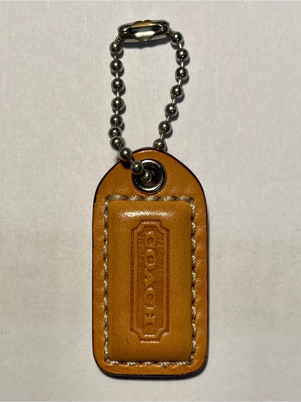 Coach Tan Leather Key Hang Tag with Silver Ball Chain
